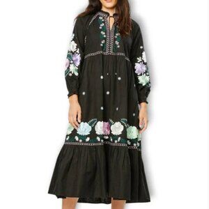 Roller Rabbit Lucena Embroidered Garnet Linen-blend Dress In Black